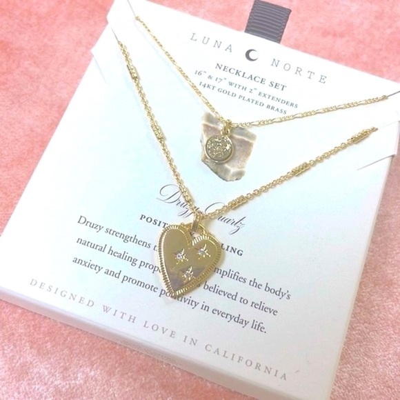 Brand New Luna Norte 14K Gold Plated Brass Druzy Quartz Two Piece Necklace Set - Picture 2 of 14